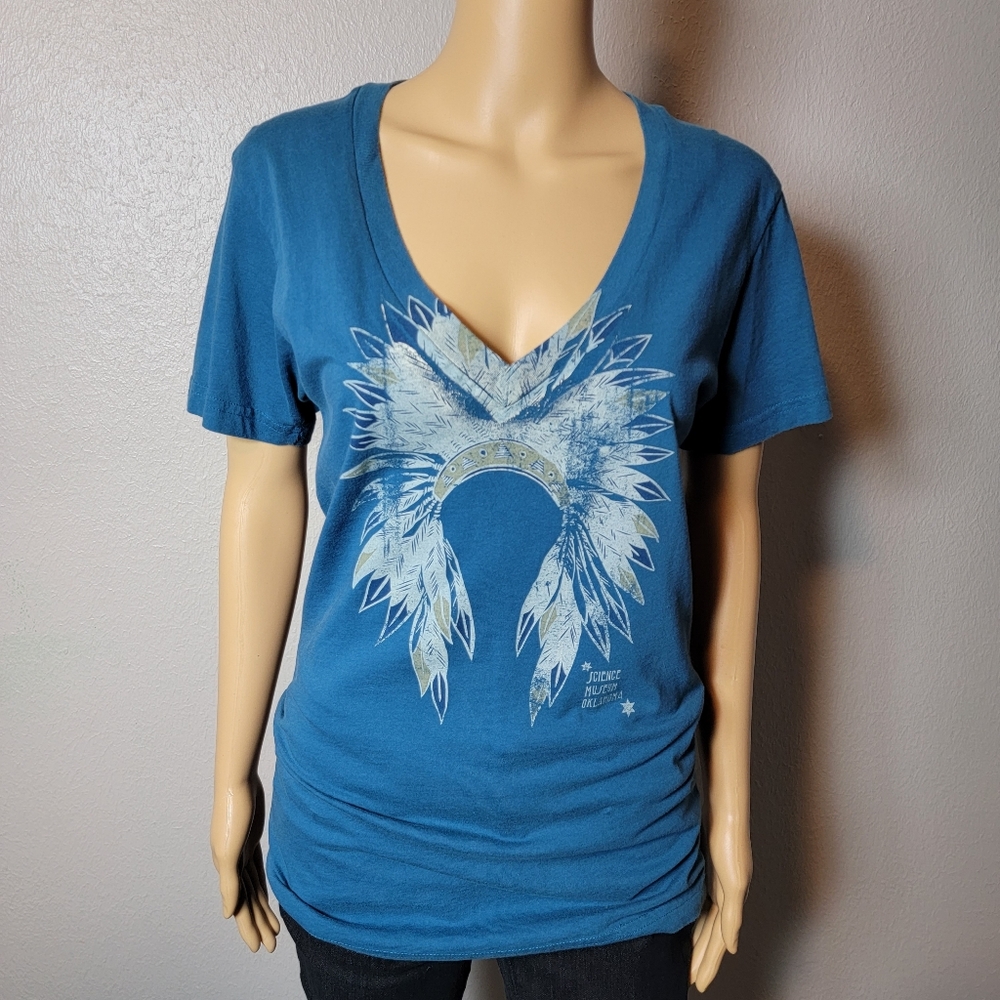 Women's Size Small Native Headdress Graphic Vneck Tshirt Teal